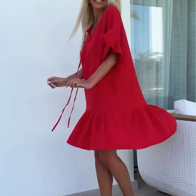 💖Women's Floral Trim Short Sleeve Solid Color Short Dresses（The more you buy, the higher the discount）