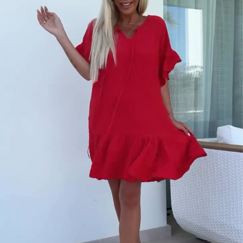 💖Women's Floral Trim Short Sleeve Solid Color Short Dresses（The more you buy, the higher the discount）