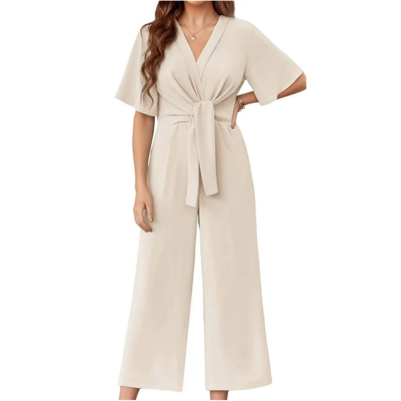 Women's Elegant V-Neck Wide Leg Waist Tie Jumpsuit