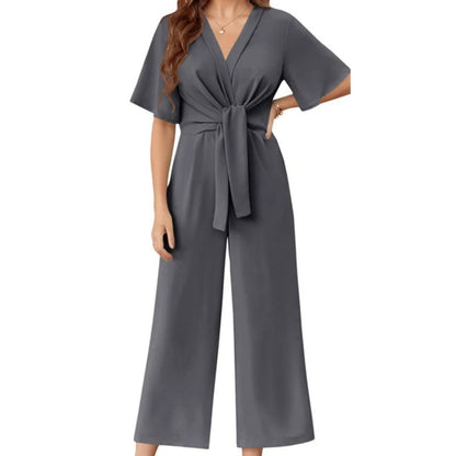 Women's Elegant V-Neck Wide Leg Waist Tie Jumpsuit