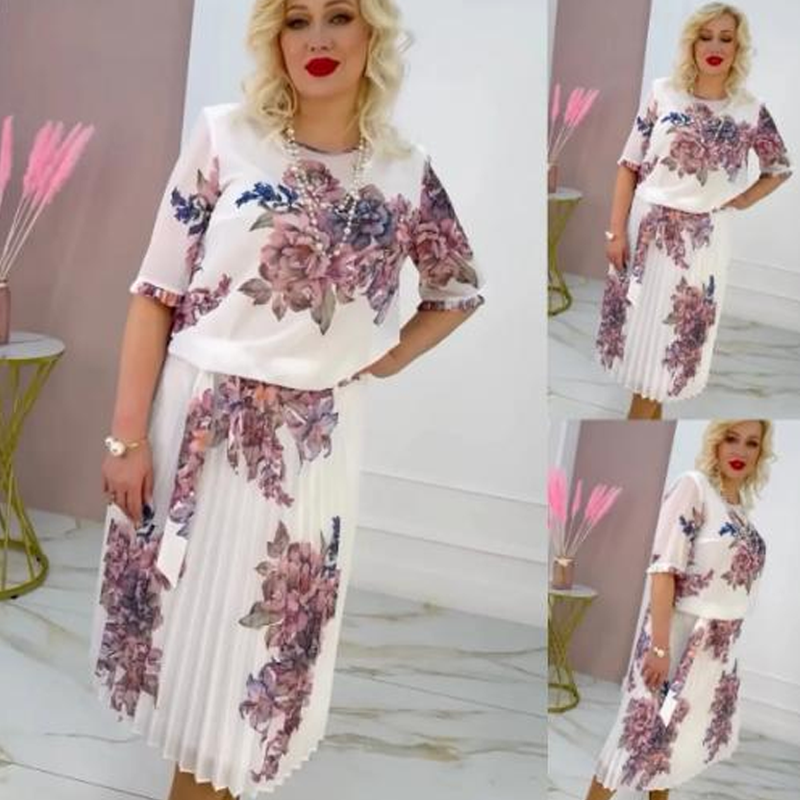 ⏰Exclusive Limited - Time Luxury Drop! Exquisite Women's Floral Print Round Neck Pleated Dress