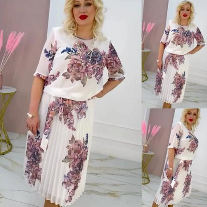 ⏰Exclusive Limited - Time Luxury Drop! Exquisite Women's Floral Print Round Neck Pleated Dress