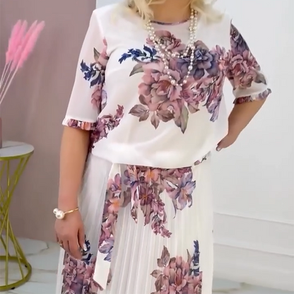 ⏰Exclusive Limited - Time Luxury Drop! Exquisite Women's Floral Print Round Neck Pleated Dress