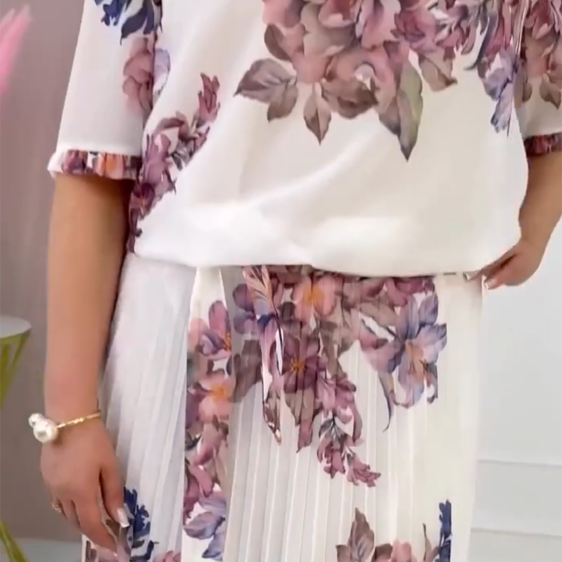 ⏰Exclusive Limited - Time Luxury Drop! Exquisite Women's Floral Print Round Neck Pleated Dress