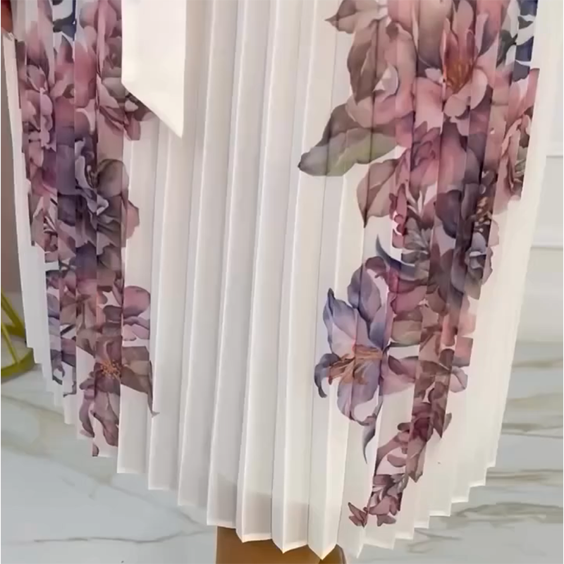 ⏰Exclusive Limited - Time Luxury Drop! Exquisite Women's Floral Print Round Neck Pleated Dress