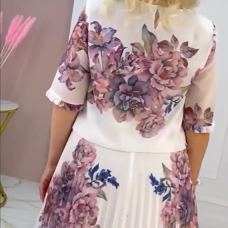 ⏰Exclusive Limited - Time Luxury Drop! Exquisite Women's Floral Print Round Neck Pleated Dress