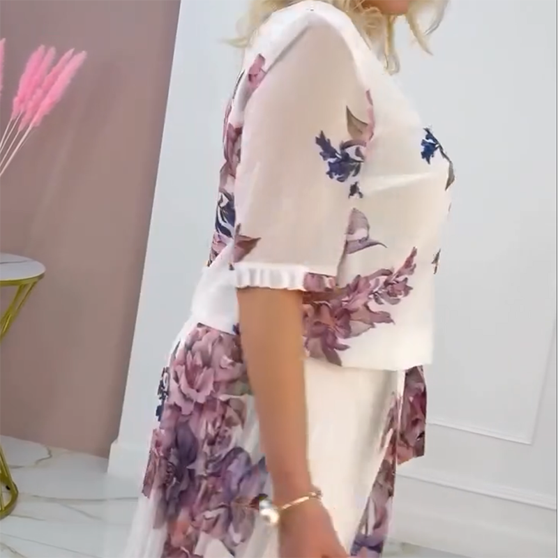 ⏰Exclusive Limited - Time Luxury Drop! Exquisite Women's Floral Print Round Neck Pleated Dress