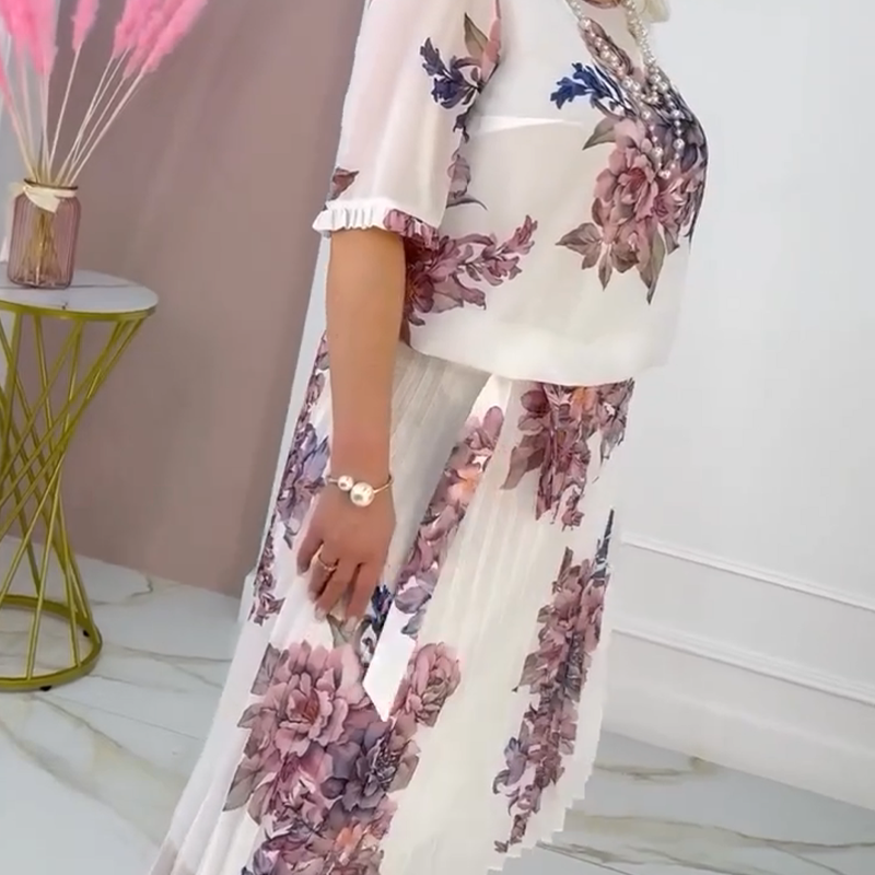 ⏰Exclusive Limited - Time Luxury Drop! Exquisite Women's Floral Print Round Neck Pleated Dress