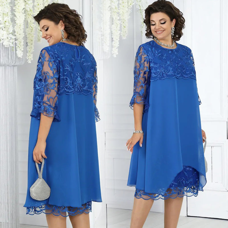 👗 50% OFF! Sheer Lace Midi Dress – Flattering round neck, soft & wrinkle-resistant. Sheer sleeves add elegance. Pink & blue, sizes up to 5XL. Every curve celebrated. 🎀✅