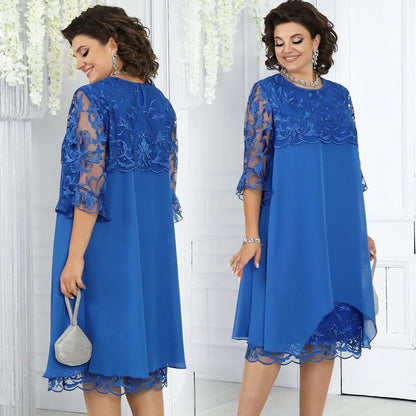 👗 50% OFF! Sheer Lace Midi Dress – Flattering round neck, soft & wrinkle-resistant. Sheer sleeves add elegance. Pink & blue, sizes up to 5XL. Every curve celebrated. 🎀✅