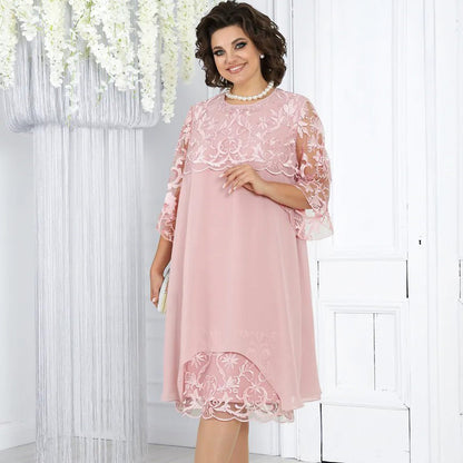 👗 50% OFF! Sheer Lace Midi Dress – Flattering round neck, soft & wrinkle-resistant. Sheer sleeves add elegance. Pink & blue, sizes up to 5XL. Every curve celebrated. 🎀✅