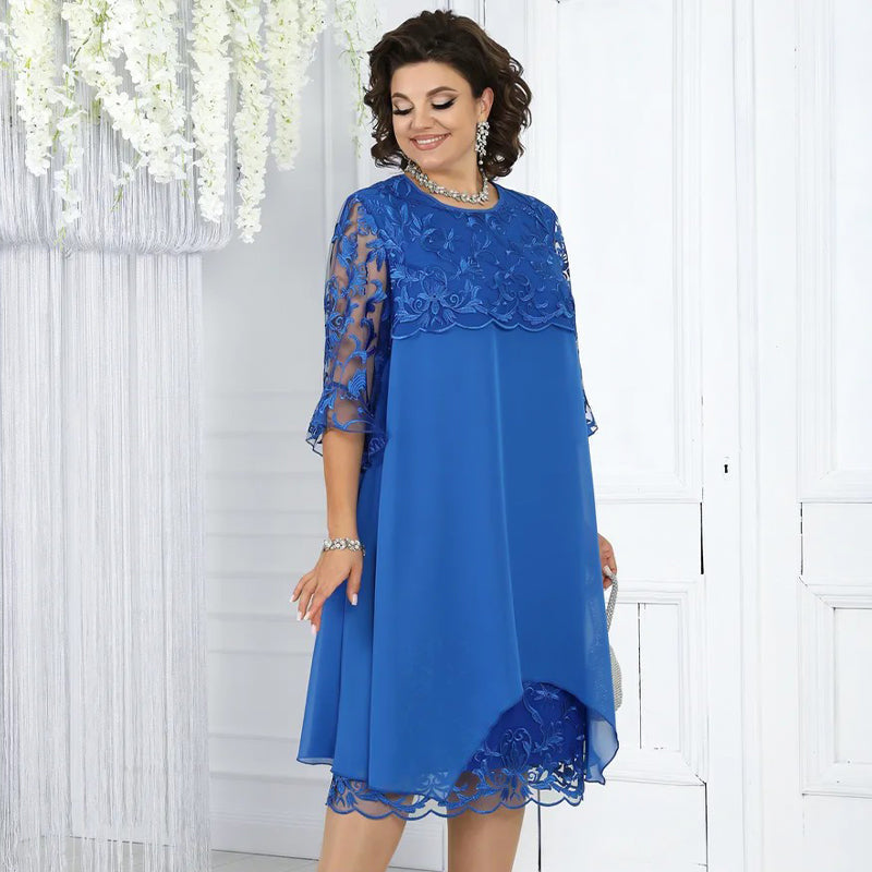 👗 50% OFF! Sheer Lace Midi Dress – Flattering round neck, soft & wrinkle-resistant. Sheer sleeves add elegance. Pink & blue, sizes up to 5XL. Every curve celebrated. 🎀✅