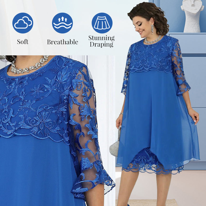 👗 50% OFF! Sheer Lace Midi Dress – Flattering round neck, soft & wrinkle-resistant. Sheer sleeves add elegance. Pink & blue, sizes up to 5XL. Every curve celebrated. 🎀✅