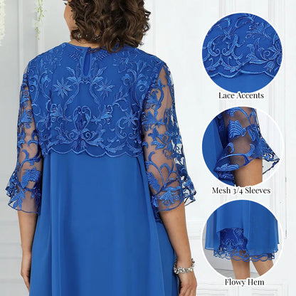 👗 50% OFF! Sheer Lace Midi Dress – Flattering round neck, soft & wrinkle-resistant. Sheer sleeves add elegance. Pink & blue, sizes up to 5XL. Every curve celebrated. 🎀✅