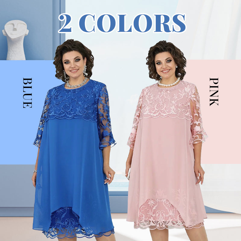 👗 50% OFF! Sheer Lace Midi Dress – Flattering round neck, soft & wrinkle-resistant. Sheer sleeves add elegance. Pink & blue, sizes up to 5XL. Every curve celebrated. 🎀✅