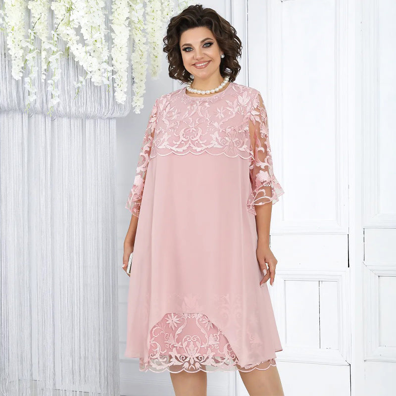 👗 50% OFF! Sheer Lace Midi Dress – Flattering round neck, soft & wrinkle-resistant. Sheer sleeves add elegance. Pink & blue, sizes up to 5XL. Every curve celebrated. 🎀✅