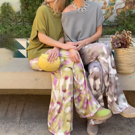 Women’s Solid Tops ＆ Printed Wide-Leg Pants 2-Piece Set
