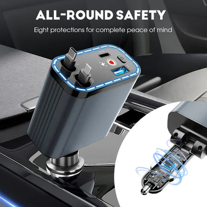 ⚡✨ Ultra-fast 4-in-1 Car Charger 90W – With Retractable Cables & Ambient Starlight 🚗🌌