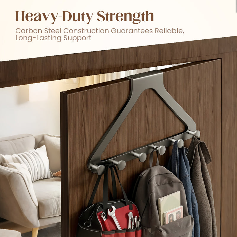 6-Hook Over-the-Door Rack, No Drilling | Heavy-Duty Carbon Steel, Tool-Free Installation & Instant Space Saving