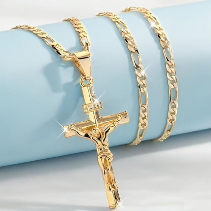 ✨ Gold Crucifix Necklace – Detailed INRI Motif, Adjustable Figaro Chain & Hypoallergenic Finish 💛