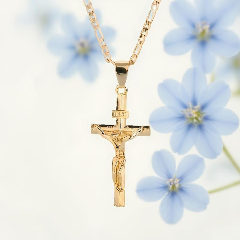 ✨ Gold Crucifix Necklace – Detailed INRI Motif, Adjustable Figaro Chain & Hypoallergenic Finish 💛