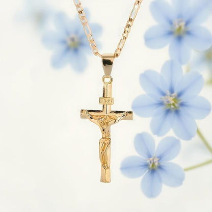 ✨ Gold Crucifix Necklace – Detailed INRI Motif, Adjustable Figaro Chain & Hypoallergenic Finish 💛