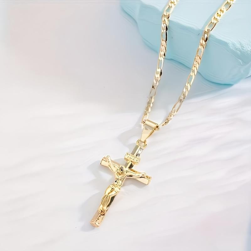 ✨ Gold Crucifix Necklace – Detailed INRI Motif, Adjustable Figaro Chain & Hypoallergenic Finish 💛
