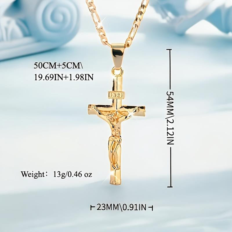 ✨ Gold Crucifix Necklace – Detailed INRI Motif, Adjustable Figaro Chain & Hypoallergenic Finish 💛