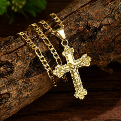 ✨ Gold Crucifix Necklace – Detailed INRI Motif, Adjustable Figaro Chain & Hypoallergenic Finish 💛