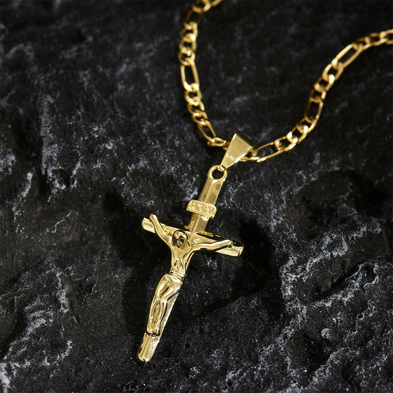 ✨ Gold Crucifix Necklace – Detailed INRI Motif, Adjustable Figaro Chain & Hypoallergenic Finish 💛