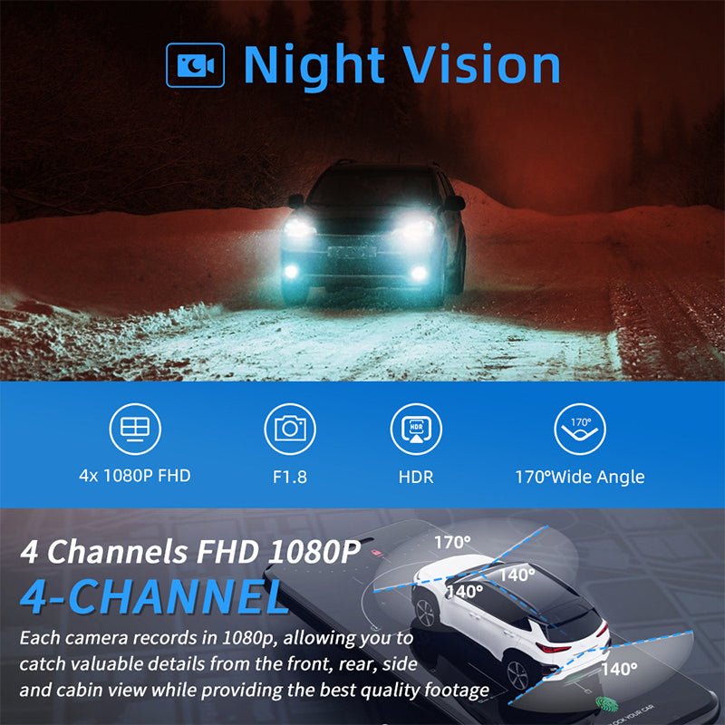 💥4-Channel HD Dash Cam with Night Vision