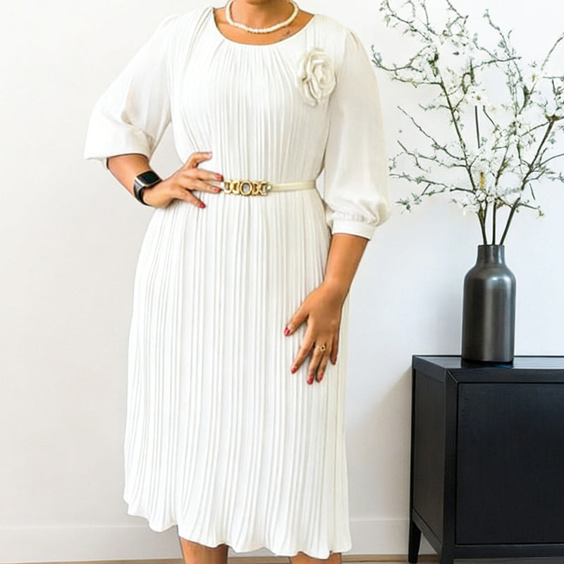 💥Women's 3/4 Sleeve Pleated Midi Dress with Belt