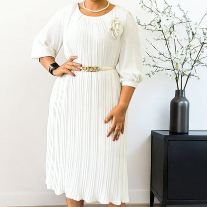 💥Women's 3/4 Sleeve Pleated Midi Dress with Belt