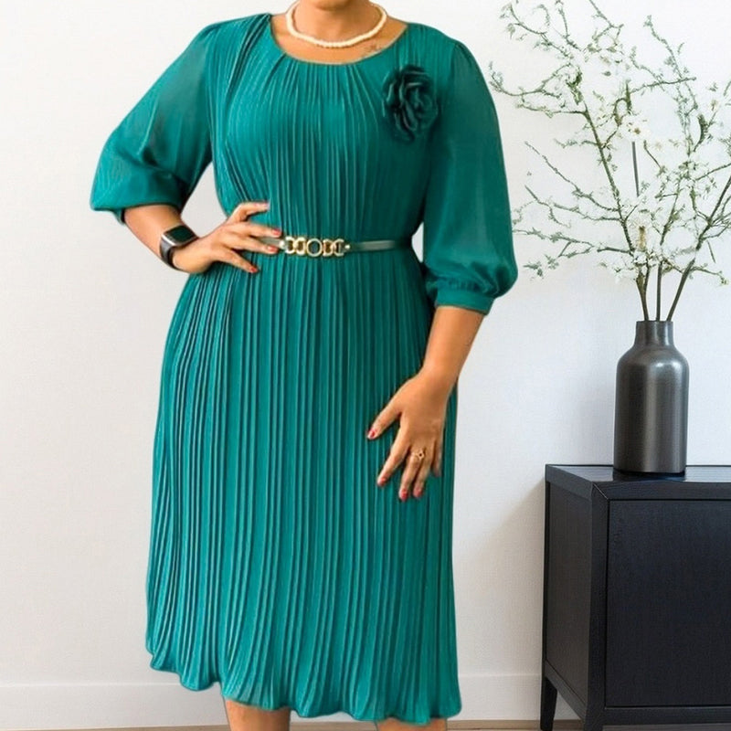 💥Women's 3/4 Sleeve Pleated Midi Dress with Belt