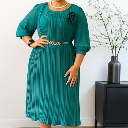 💥Women's 3/4 Sleeve Pleated Midi Dress with Belt