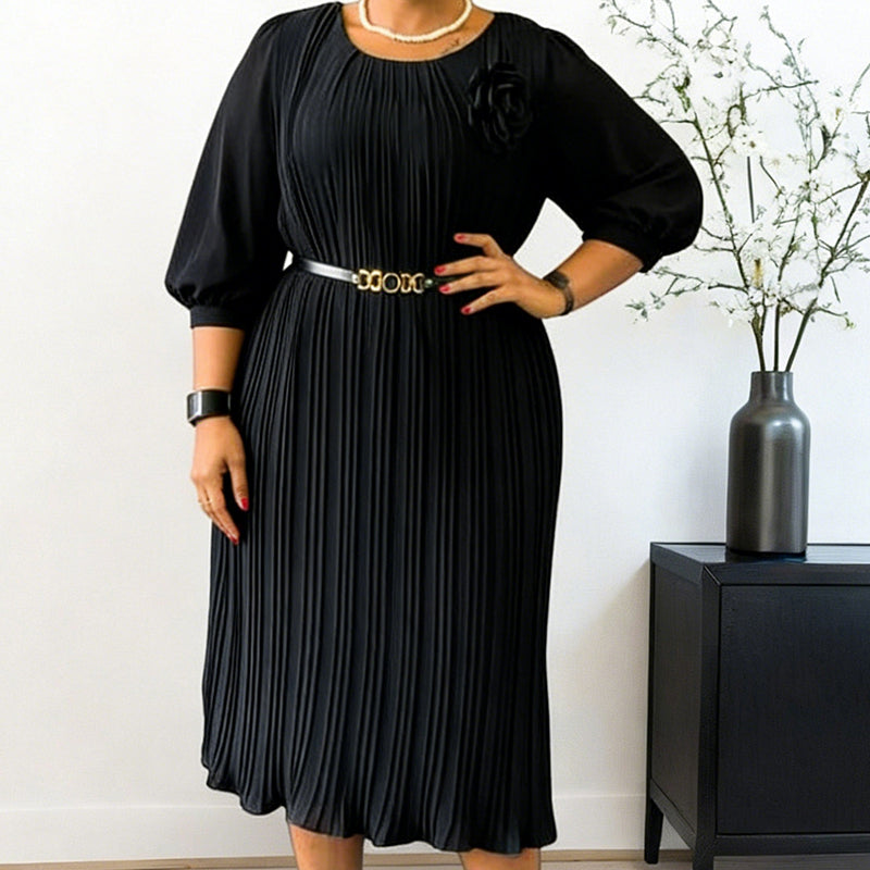 💥Women's 3/4 Sleeve Pleated Midi Dress with Belt