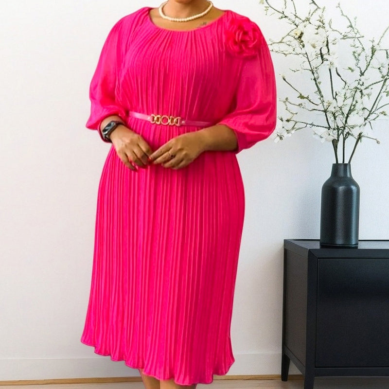 💥Women's 3/4 Sleeve Pleated Midi Dress with Belt