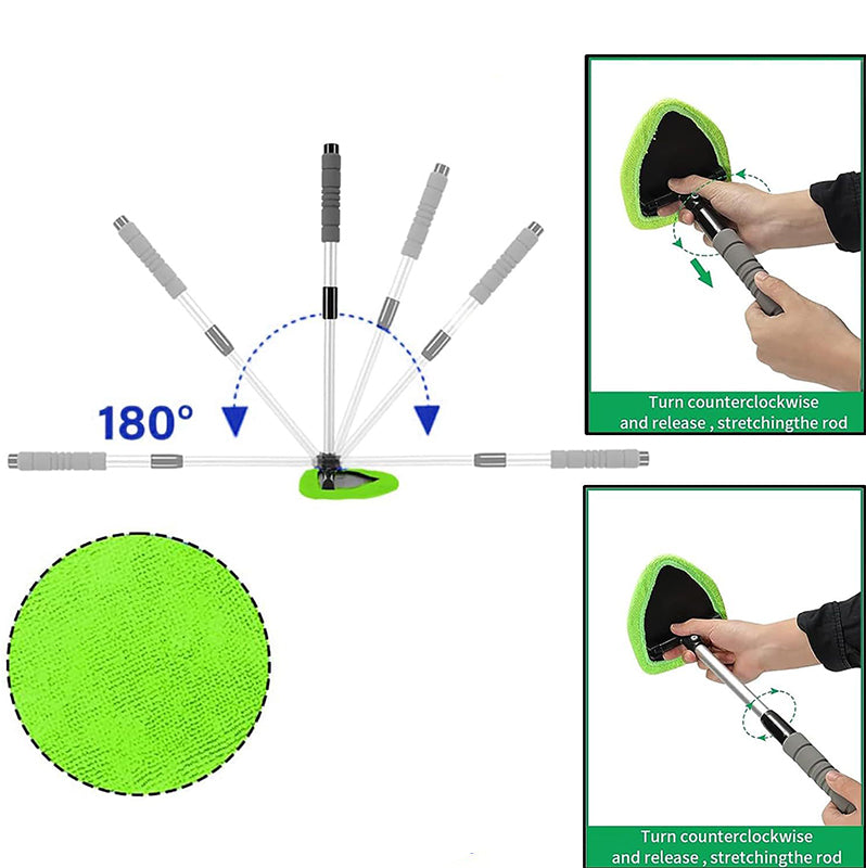 Extendable Windshield Cleaning Tool – 180° Rotating Head Car Window Cleaner with Non-Slip Grip & 4 Reusable Washable Microfiber Pads, Streak-Free Interior Glass Cleaning Kit