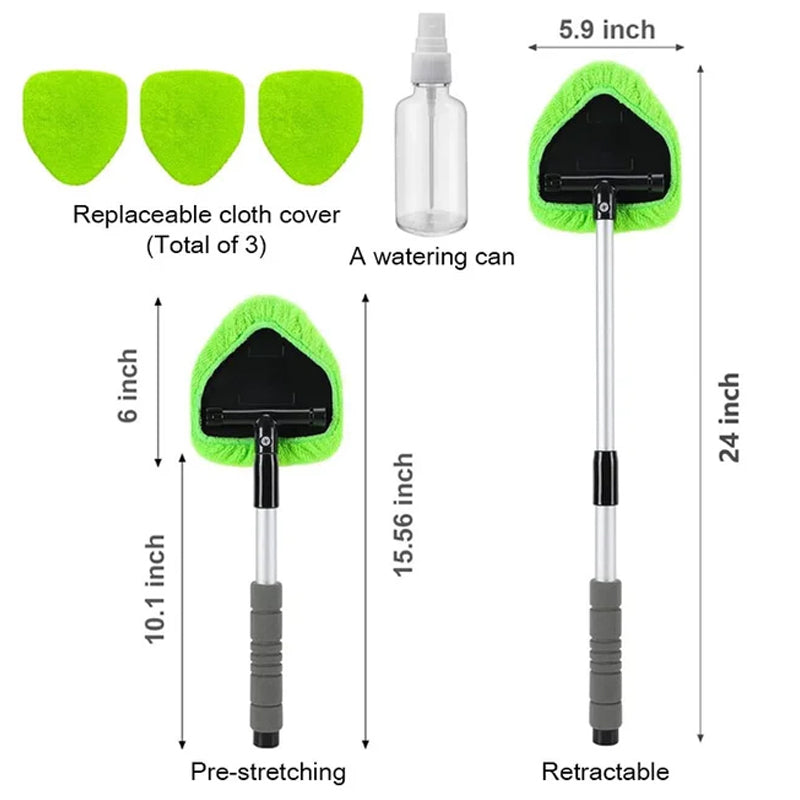 Extendable Windshield Cleaning Tool – 180° Rotating Head Car Window Cleaner with Non-Slip Grip & 4 Reusable Washable Microfiber Pads, Streak-Free Interior Glass Cleaning Kit