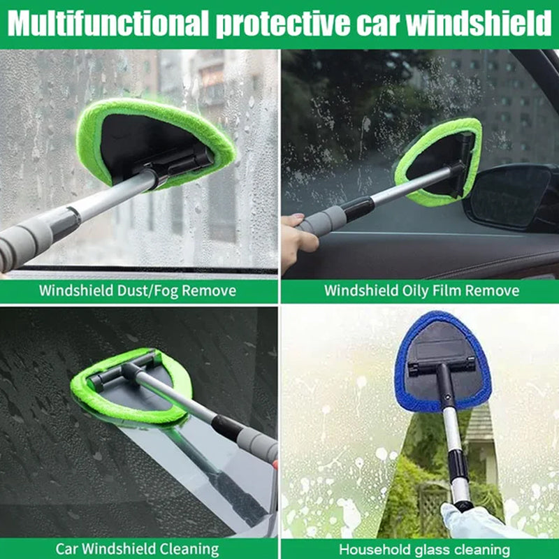 Extendable Windshield Cleaning Tool – 180° Rotating Head Car Window Cleaner with Non-Slip Grip & 4 Reusable Washable Microfiber Pads, Streak-Free Interior Glass Cleaning Kit