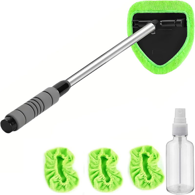Extendable Windshield Cleaning Tool – 180° Rotating Head Car Window Cleaner with Non-Slip Grip & 4 Reusable Washable Microfiber Pads, Streak-Free Interior Glass Cleaning Kit