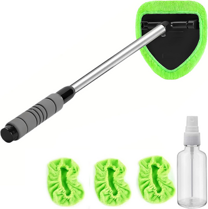 Extendable Windshield Cleaning Tool – 180° Rotating Head Car Window Cleaner with Non-Slip Grip & 4 Reusable Washable Microfiber Pads, Streak-Free Interior Glass Cleaning Kit