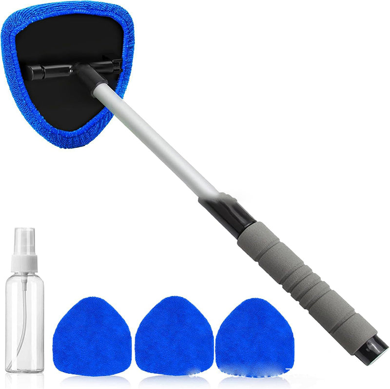 Extendable Windshield Cleaning Tool – 180° Rotating Head Car Window Cleaner with Non-Slip Grip & 4 Reusable Washable Microfiber Pads, Streak-Free Interior Glass Cleaning Kit