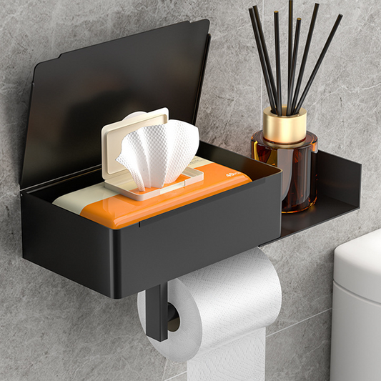 Toilet paper holder with shelf and storage compartment – drill-free installation
