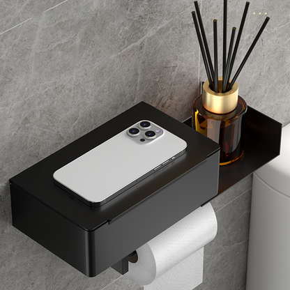 Toilet paper holder with shelf and storage compartment – drill-free installation