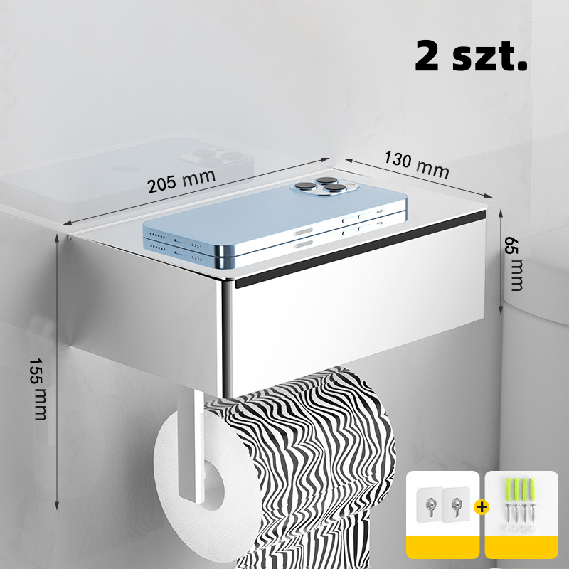 Toilet paper holder with shelf and storage compartment – drill-free installation