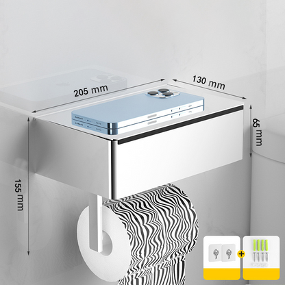 Toilet paper holder with shelf and storage compartment – drill-free installation