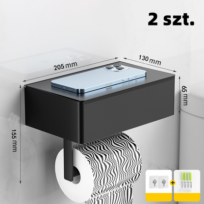 Toilet paper holder with shelf and storage compartment – drill-free installation