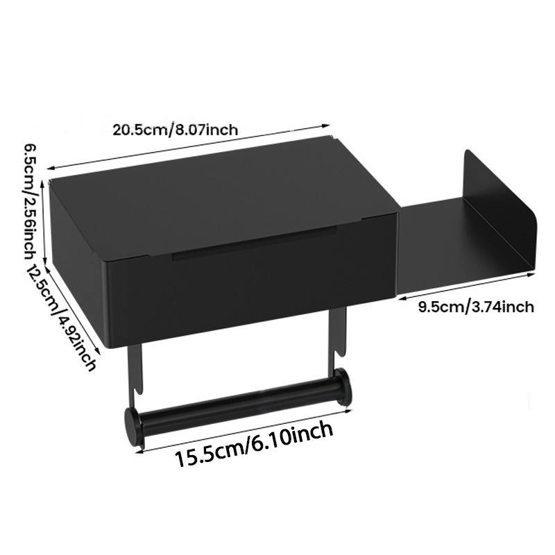 Toilet paper holder with shelf and storage compartment – drill-free installation