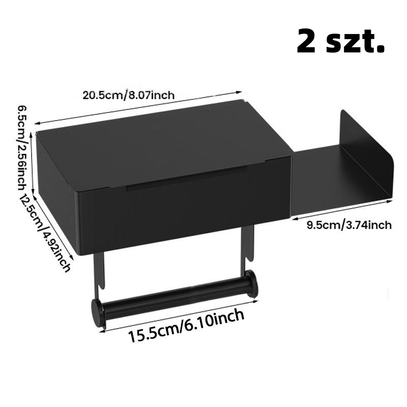 Toilet paper holder with shelf and storage compartment – drill-free installation